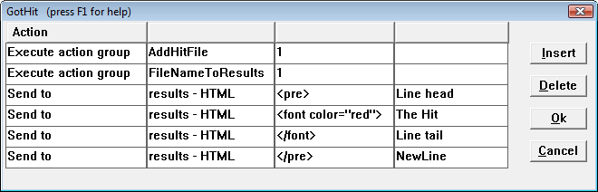 screen shot: actions containing HTML for formatting output