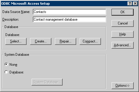 screen shot: ODBC Microsoft Access Setup